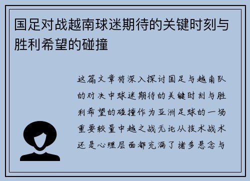 国足对战越南球迷期待的关键时刻与胜利希望的碰撞