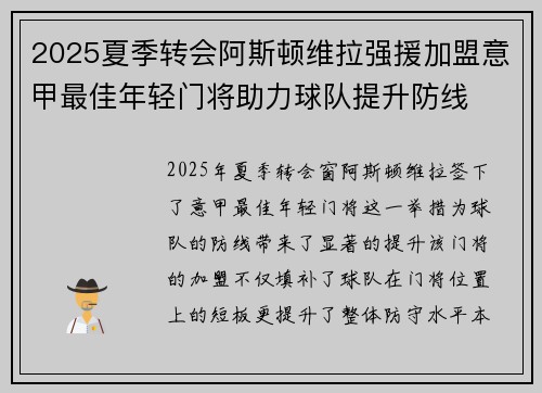 2025夏季转会阿斯顿维拉强援加盟意甲最佳年轻门将助力球队提升防线