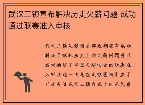 武汉三镇宣布解决历史欠薪问题 成功通过联赛准入审核